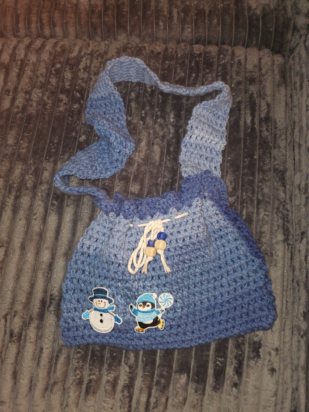 Handmade Blue Ombre Crochet Shoulder Bag with Snowman Patches